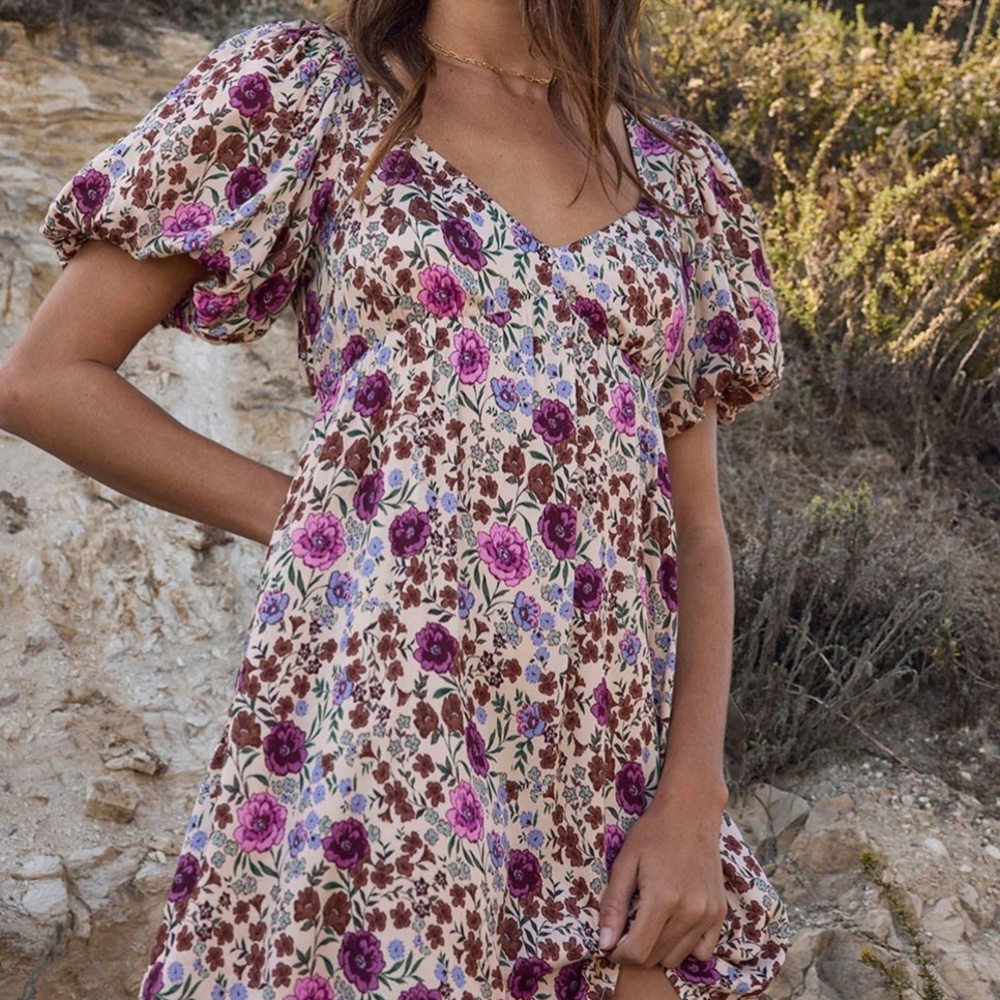 Saltwater LUXE Floral Mini Dress with Puff Sleeves